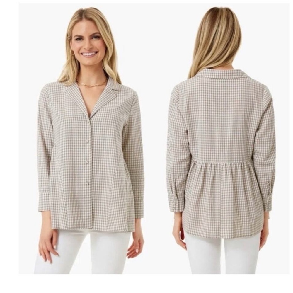 TUCKERNUCK POMANDER PLACE GINGHAM TAUPE WHITE SCARLETT LINEN COTTON BLOUSE